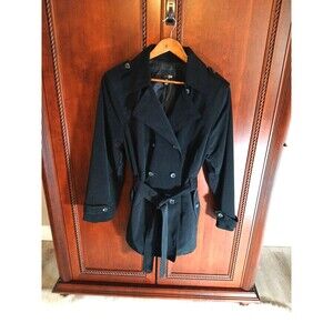 East 5th Women's 1X Black Belted Trench Coat Button Front Lined Pockets Black